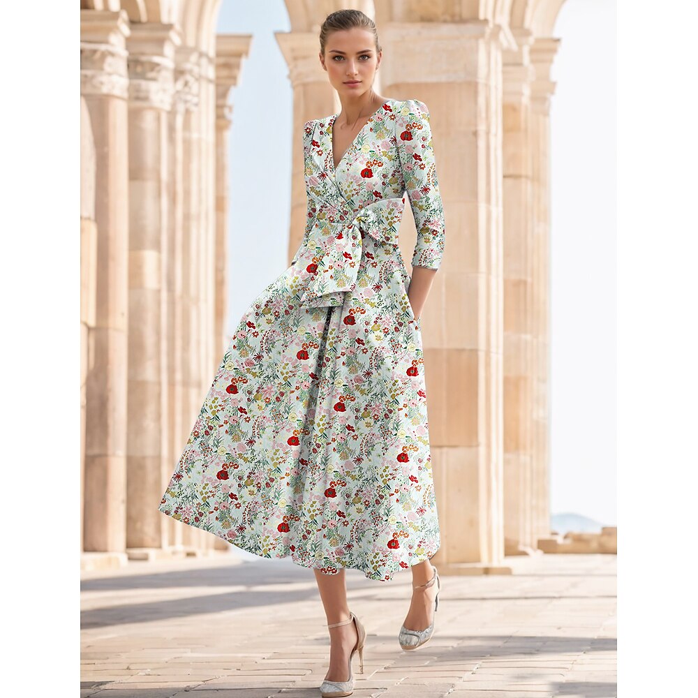 Jacquard-Cocktailkleider in A-Linie mit Blumenmuster, elegante formelle Hochzeit, knöchellang, halbe Ärmel, V-Ausschnitt, Nylon mit Blumendruck, Schmetterlingstasche 2025 Lightinthebox