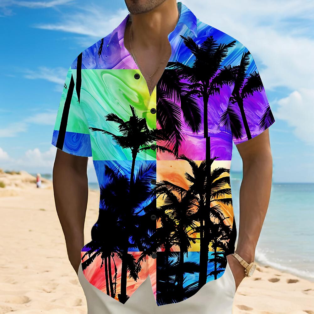 Herren Kokospalme Patchwork Tropische Pflanzen Hemd Sommer Hawaiihemd Knopfhemd Kurzarm Hawaiianisch Urlaub Ferien Strandbekleidung Sommer Umlegekragen 3D-Druck Hemden mit Kragen Eine Tasche vorne Lightinthebox