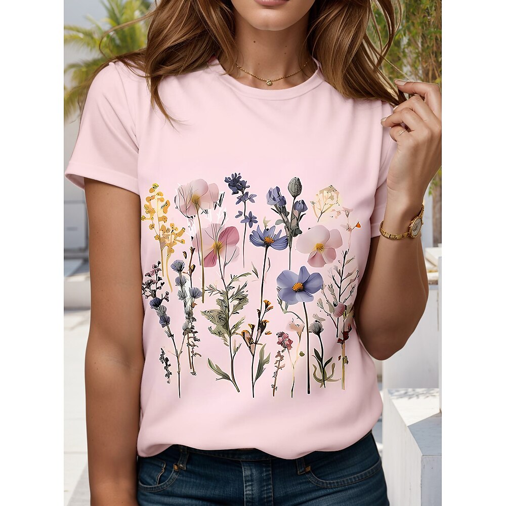Damen T Shirt Blumen Grafik Stilvoll Lässig Kurzarm Rundhals Normale Oberteile Täglich Wochenende Druck Rosa Sommer Frühling Lightinthebox