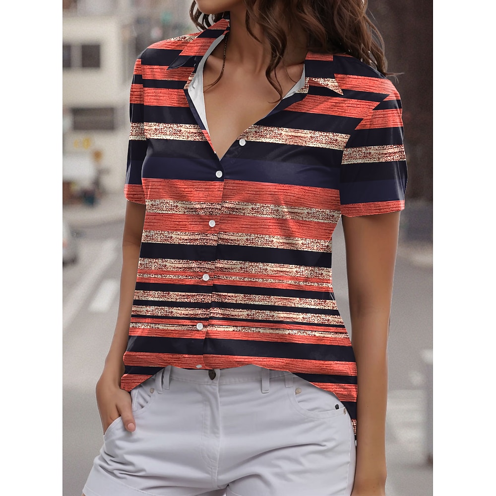 Damen Shirt Grafik Geometrisch Gestreift Alltag Freizeit Kurzarm Hemdkragen Regelmäßige Tops Alltag Knöpfe Druck Rot Sommer Lightinthebox