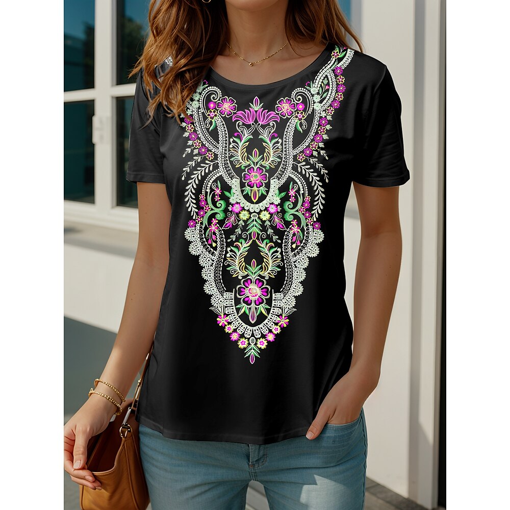 Damen T Shirt Grafik Vintage Lässig Kurzarm Rundhals Normale Oberteile Täglich Druck Schwarz Sommer Frühling Lightinthebox