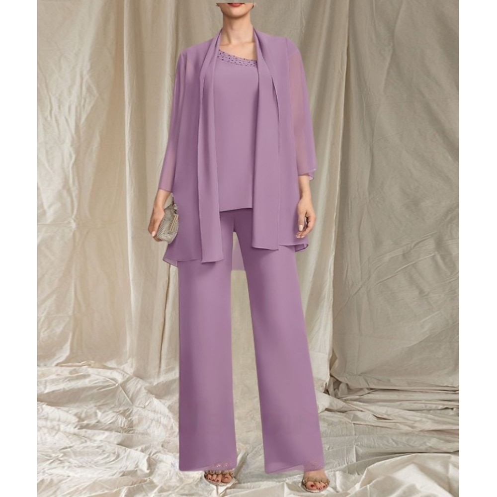 Overall / Hosenanzug Dreiteilig Brautmutterkleid Hochzeitsgast Elegant Ausgekehlt Bodenlang Chiffon Dreiviertelarm mit Perlenstickerei 2025 Lightinthebox