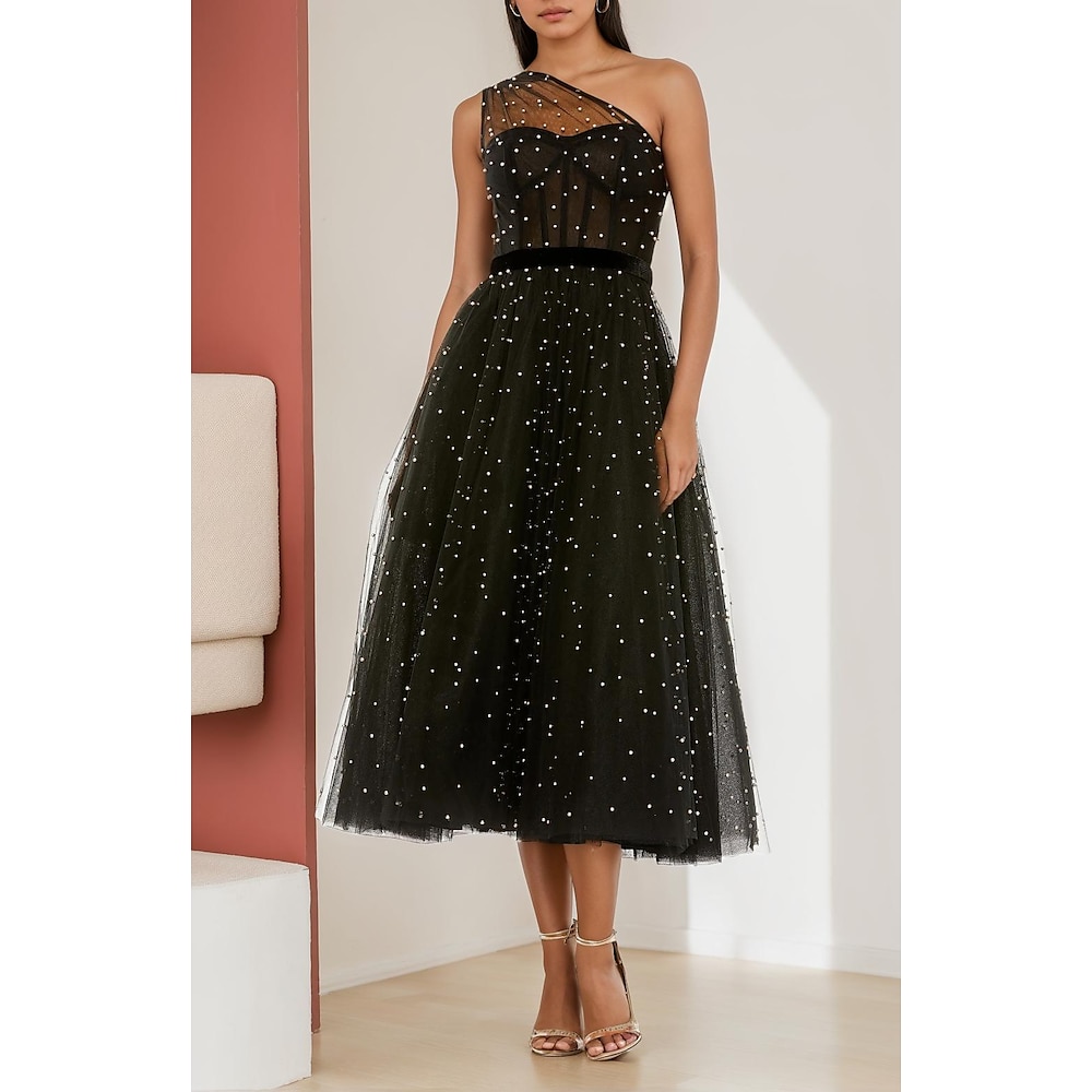 A-Linien-Cocktailkleider, elegantes Korsettkleid, formelle Hochzeit, teelang, ärmellos, eine Schulter, Tüll mit gerüschten Perlen 2025 Lightinthebox