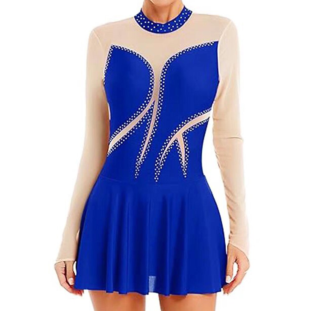Eiskunstlaufkleid Damen Mädchen Eislaufen Kleid Blau Patchwork Daumenloch Netzstoff Spandex Dehnbar Training Übung Professionell Eiskunstlaufkleidung Thermowarm Kristall / Strass Langarm Eislaufen Lightinthebox