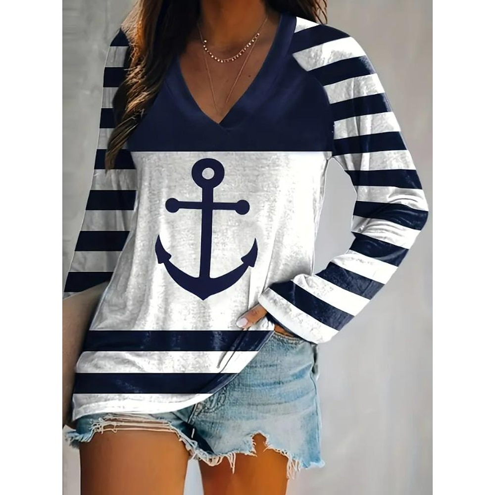 Damen Bluse Graphic Ozean Gestreift Brautkleider schlicht Strand Design Langarm V Ausschnitt Normale Oberteile Täglich Ausgehen Wochenende Bedruckt Marineblau Frühling Herbst Lightinthebox