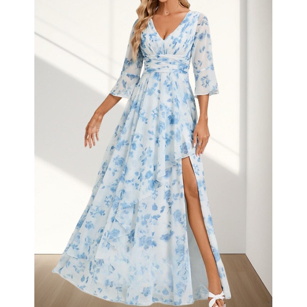 A-Linie Brautmutterkleid Hochzeitsgast Elegant V Ausschnitt Bodenlang Chiffon Dreiviertelarm mit Falten Gerafft Geteilter Vorderteil 2025 Lightinthebox