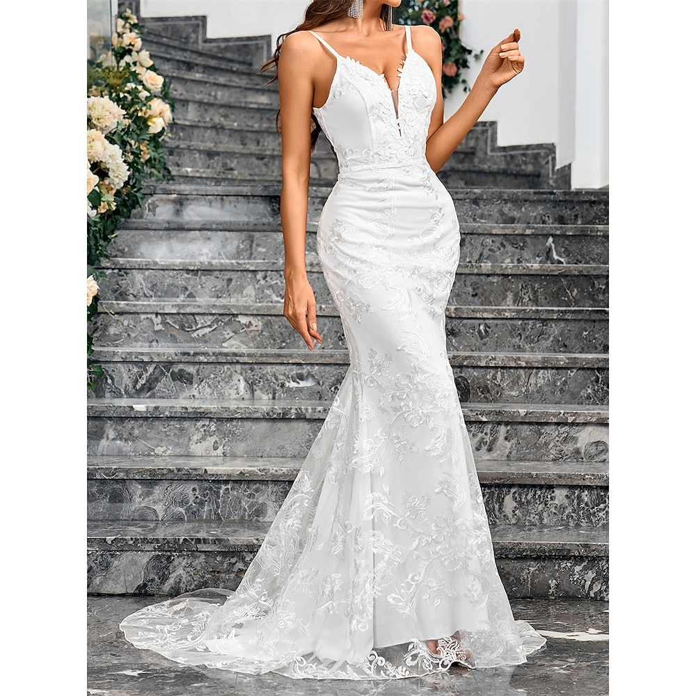 Hochzeitskleider Meerjungfrauenschnitt V Ausschnitt Ärmellos Bodenlange Schleppe Tüll Brautkleider Mit Einfarbig 2025 Lightinthebox