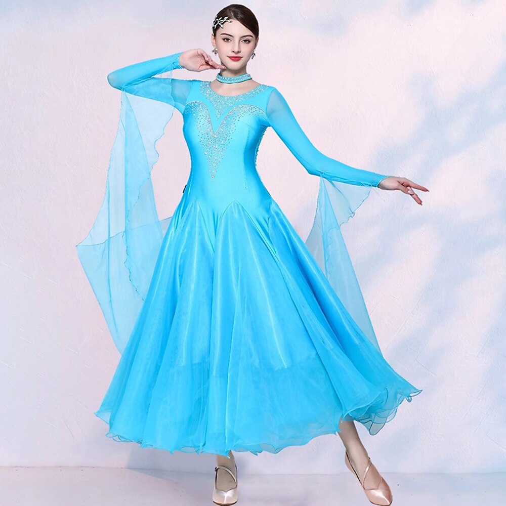 Gesellschaftstanz Kleid Spleißen Kristalle / Strasssteine Tüll Damen Leistung Party Langarm Netzstoff Spandex Kunst-Seide Lightinthebox