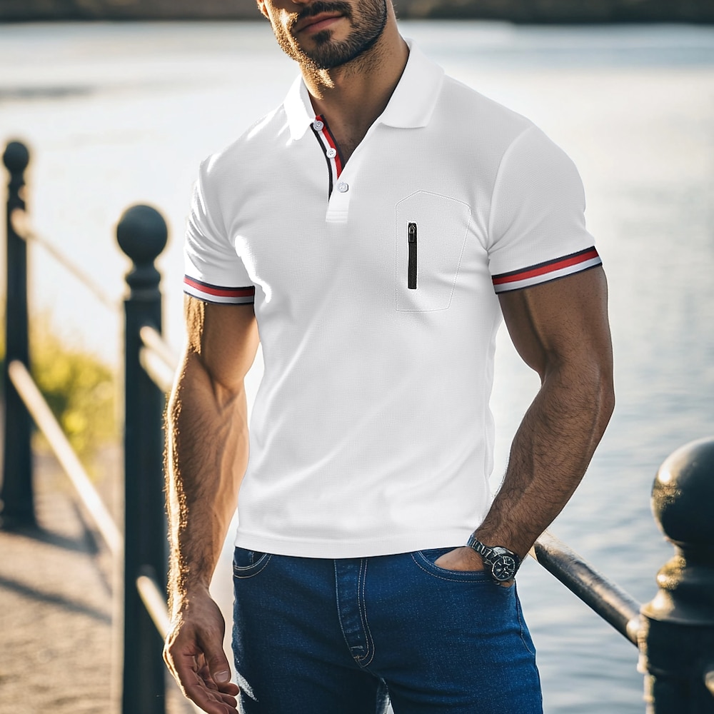 Herren Polo Golfhemd Geschäft Casual Klassisch Kurzarm Modisch Basic Feste Farbe Farbblock Seitentaschen Reißverschluss vorne Sommer Frühling Herbst Regular Fit Weiß Marinenblau Khaki Hellblau Polo Lightinthebox