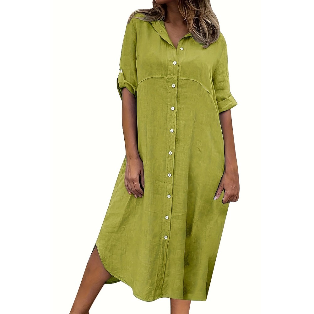 Damen Midikleid Hemdblusenkleid Baumwoll-Leinenkleid Mode Klassisch Täglich Ausgehen Wochenende Normale Passform Einfach Langarm Hemdkragen Schwarz Blau Grün Dunkelblau Sommer Lightinthebox