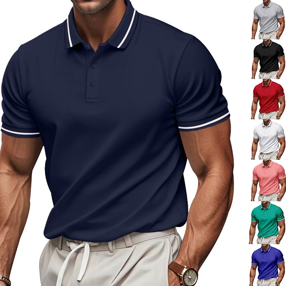 Herren Polo Golfshirt Geschäft Lässig Gerippter Polokragen Kurzarm Mode Basic Einfarbig Einfach Knöpfe Sommer Frühling Herbst Normale Passform Schwarz Weiß Rosa Rote Marineblau Königliches Blau Polo Lightinthebox