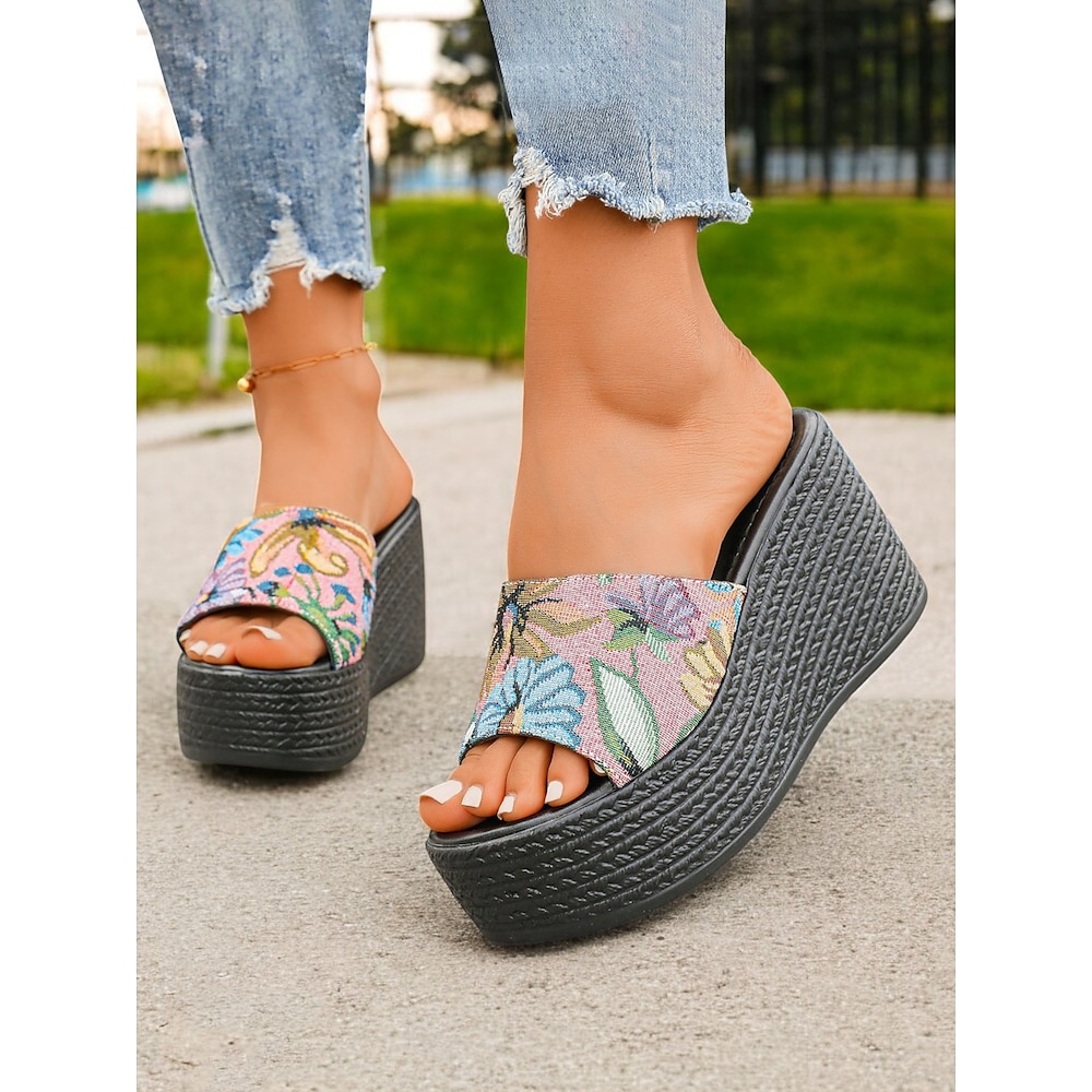 Damen-Plateau-Keilsandalen mit Blumenmuster - lässige Schlupfschuhe für Sommer und Urlaub Lightinthebox