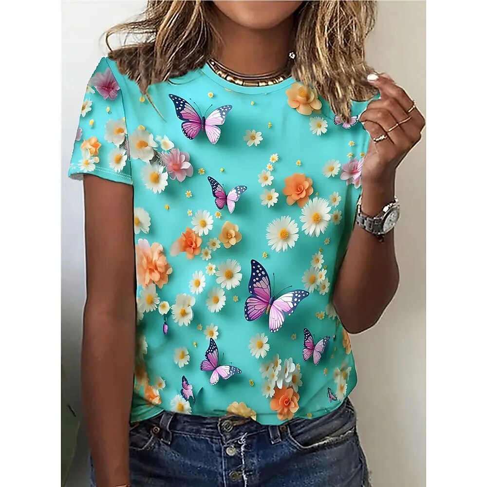 Damen T Shirt Sommeroberteile Blumen Schmetterling Klassisch Lässig Kurzarm Rundhalsausschnitt Crop Tops Täglich Wochenende Druck Regenbogen Sommer Frühling Herbst Lightinthebox