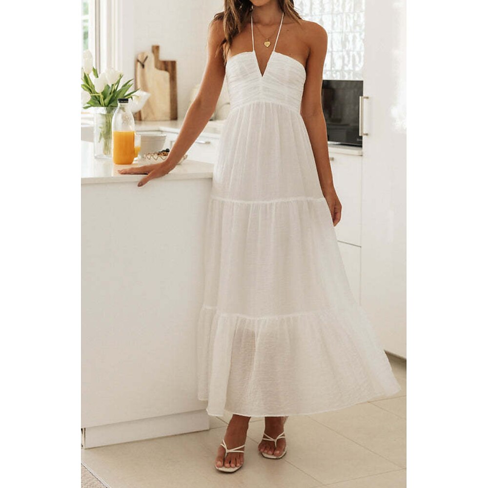 Damen Midikleid Weißes Kleid Abschlusskleid Mode Ferien Abschlussfeier Ausgehen Normale Passform Einfach Ärmellos V Ausschnitt Weiß Sommer Lightinthebox
