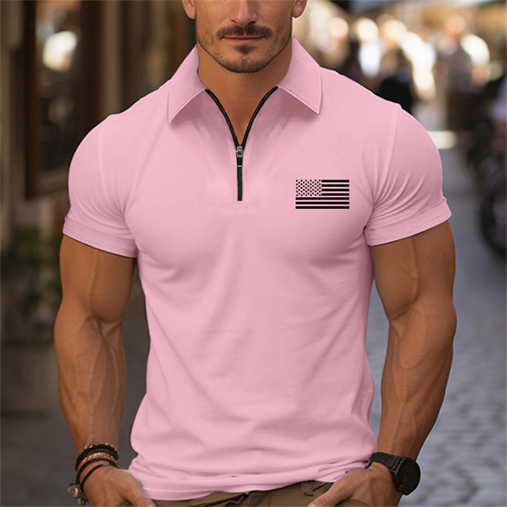 Herren Poloshirt mit Viertelreißverschluss Golfhemd Täglich Festtage Kargen Kurzarm Modisch Basic Nationalflagge Bedruckt Sommer Frühling Regular Fit Schwarz Weiß Rosa Marineblau Hellhimmelblau Lightinthebox