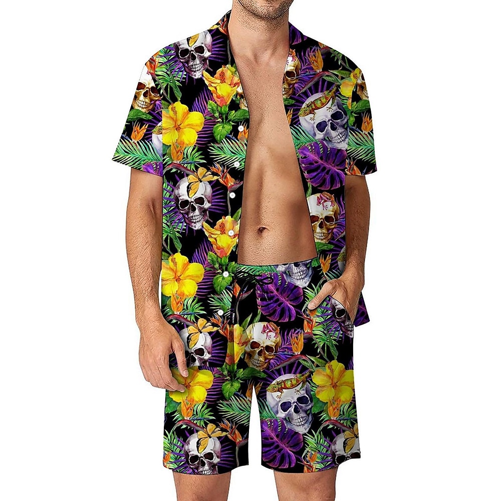 Herren Pflanzen Totenkopfe 2St Hemden-Sets Sommer Hawaiihemd Kurzarm Kurze Hosen Umlegekragen Urlaub Lässig Outdoor Heim Lässig 3D-Druck Rubinrot Schwarz Amethyst Lightinthebox