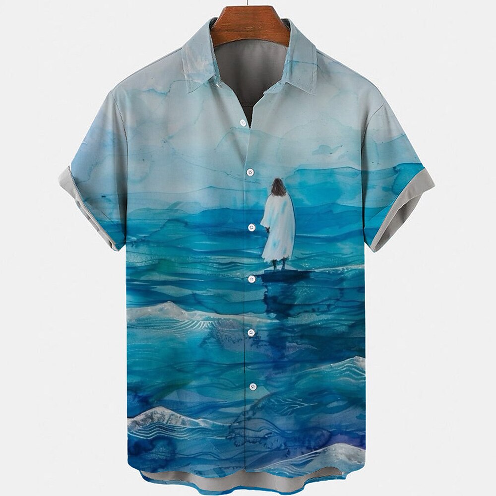 Ostern Herren Jesus Hemd Freizeithemd Knopfhemd Kurzarm Vintage-Retro Urlaub Ferien Festival Sommer Frühling Umlegekragen 3D-Druck Hemden mit Kragen Rote Blau Lightinthebox