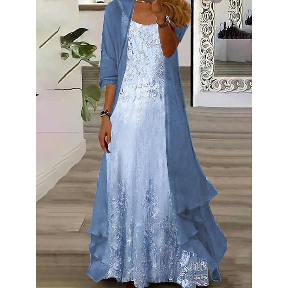 Damen Kleid-Set A Linie Kleid Sommerkleid Urlaub Boho Ombre Blumen Druck Maxikleid Dreiviertelarm Rundhalsausschnitt Outdoor Täglich Blau Sommer Frühling Lässiger Schnitt Lightinthebox
