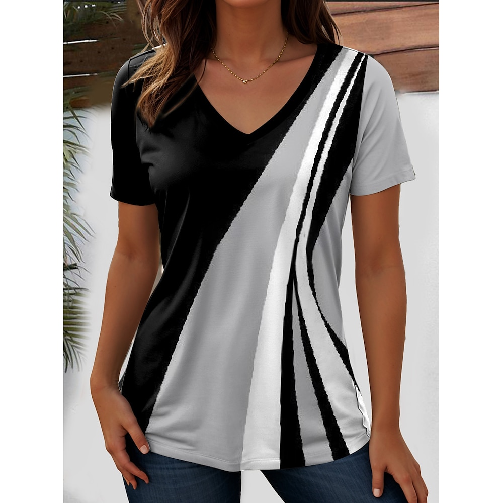 Ostern Damen T Shirt Geometrisch Gestreift Brautkleider schlicht Kurzarm V Ausschnitt Normale Oberteile Täglich Ausgehen Wochenende Bedruckt Schwarz Sommer Lightinthebox