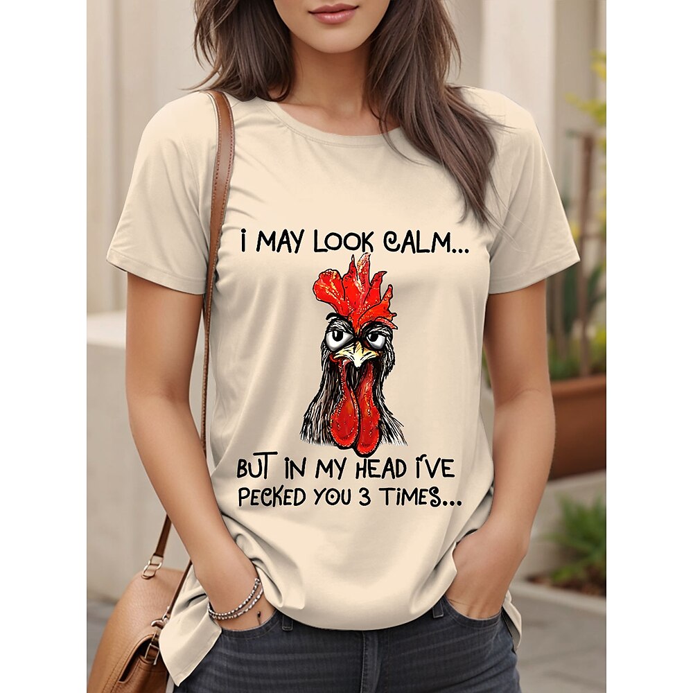 Damen T Shirt Grafik Hahn Buchstabe Lässig Kurzarm Rundhals Normale Oberteile Täglich Druck Rosa Purpur cremefarben Sommer Lightinthebox