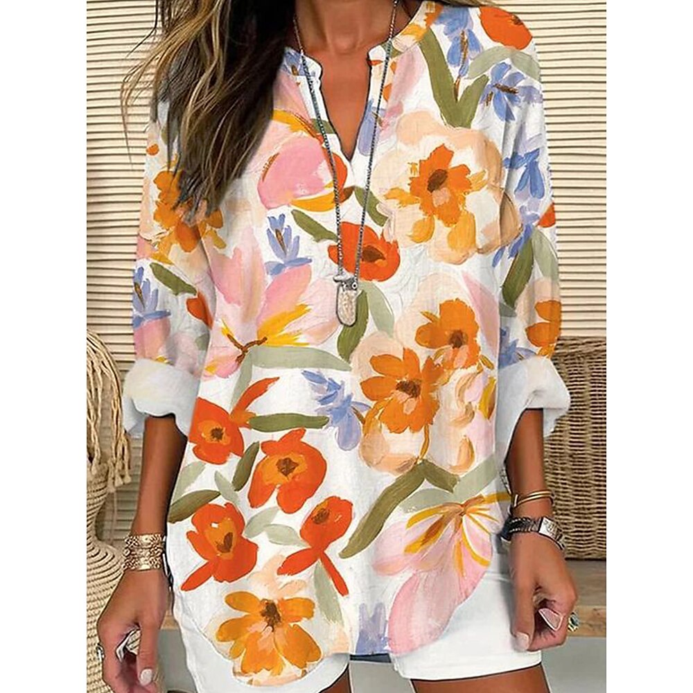 Damen Bluse Blumen Grafik Vintage Täglich Langarm V Ausschnitt Normale Oberteile Täglich Druck Orange Sommer Frühling Lightinthebox