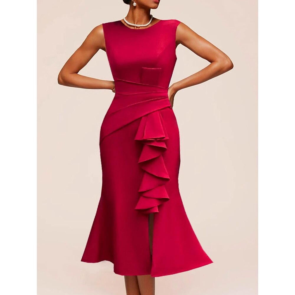 Meerjungfrauenschnitt Quinceanera-Kleider Elegant Kleid Hochzeit Hochzeitsgast Tee-Länge Ärmellos Juwelenhals Polyester mit Rüschen Schlitz 2025 Lightinthebox
