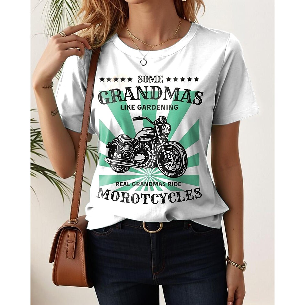 Damen Sommeroberteile Grafik Buchstabe Stilvoll Lässig Kurzarm Rundhalsausschnitt Normale Oberteile Täglich Druck Schwarz Weiß Sommer Frühling Grandmas Motorcycle Lightinthebox