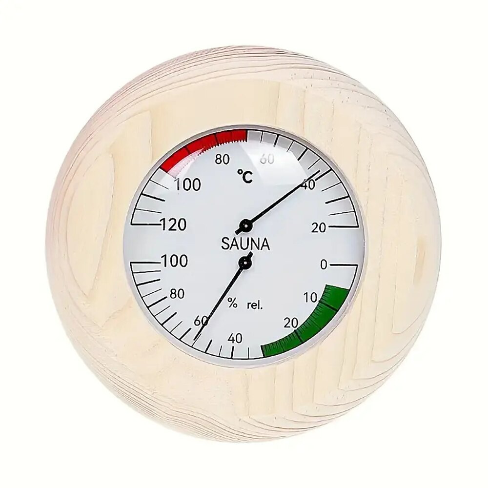Holz-Einloch-Temperatur- und Feuchtigkeitsmessgerät, kreisförmiges rotes und grünes Wandthermometer, Saunaraum, Innenbereich, Babyzimmer, mechanischer Tisch Lightinthebox