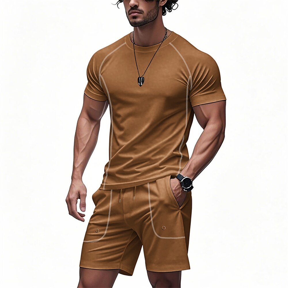Herren T-Shirt Anzüge 2-teiliges Outfit T-Shirt und Shorts Kurzarm Rundhalsausschnitt Sommer Einfach Mode Lässig 2 teilig Urlaub Alltagskleidung Ausgehen Schwarz Blau Braun Top T-Shirt für Herren Lightinthebox