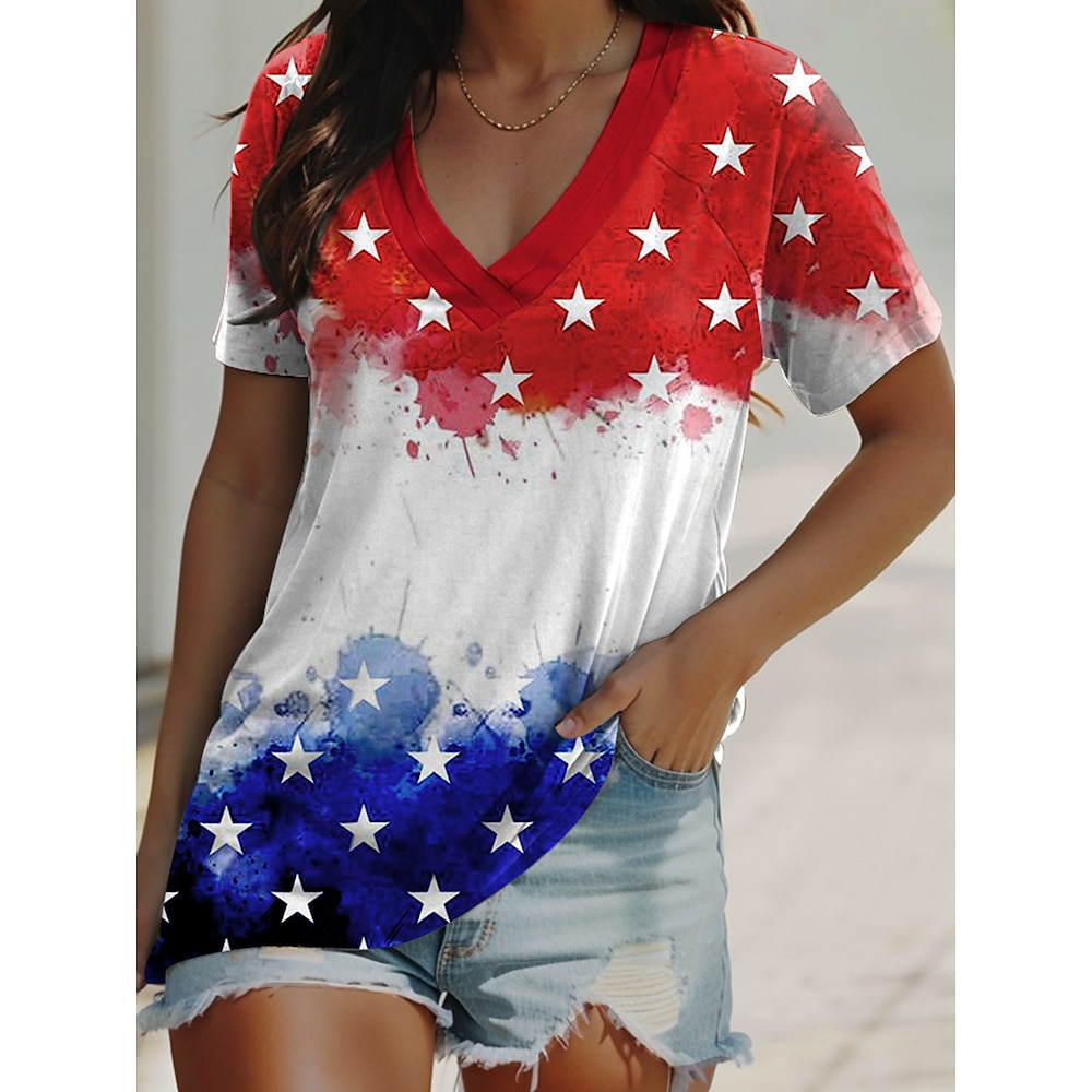 Amerikanischer Unabhängigkeitstag Damen T Shirt Fahne Brautkleider schlicht Kurzarm V Ausschnitt Normale Oberteile Täglich Bedruckt Rote Sommer Lightinthebox