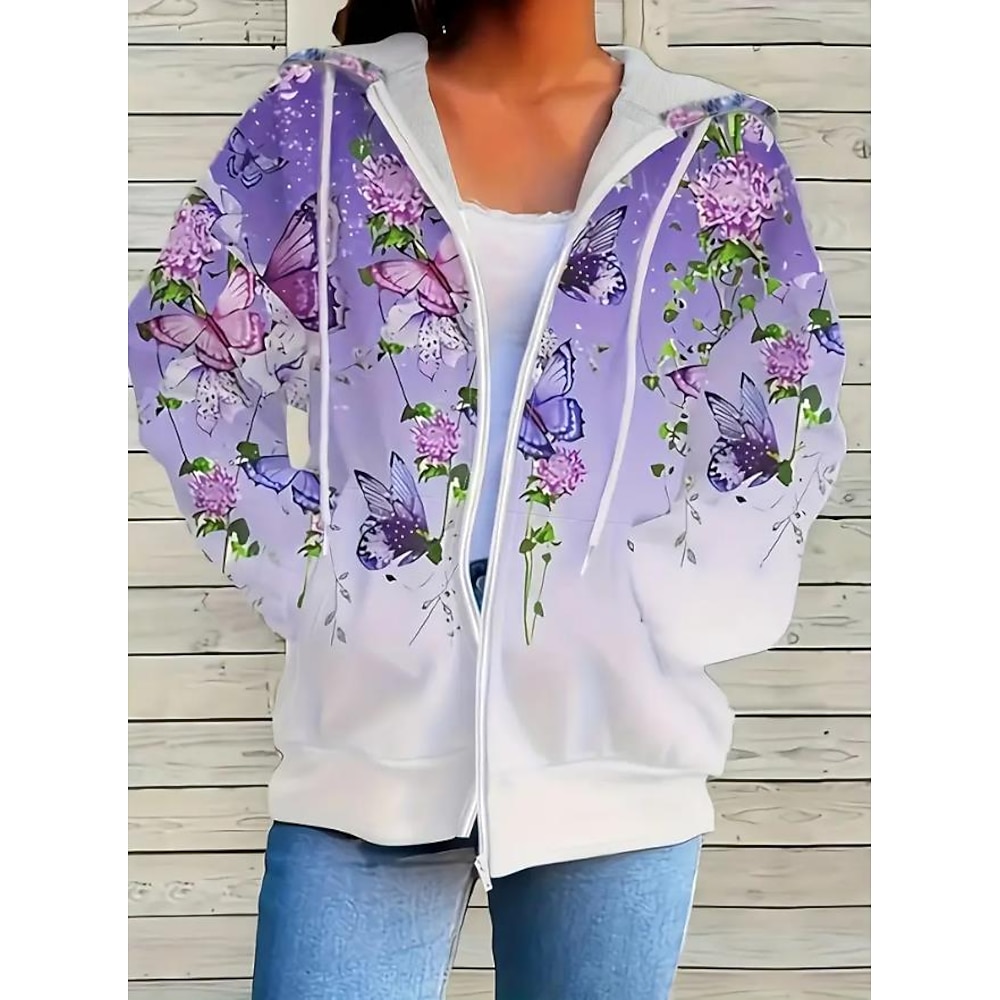 Damen Übergroße Hoodies mit Reißverschluss Blumen Vintage Sport Streetwear Langarm Mit Kapuze Normale Oberteile Lässig Ferien Reißverschluss Kordelzug Fronttasche Blau Violett Frühling Herbst Lightinthebox