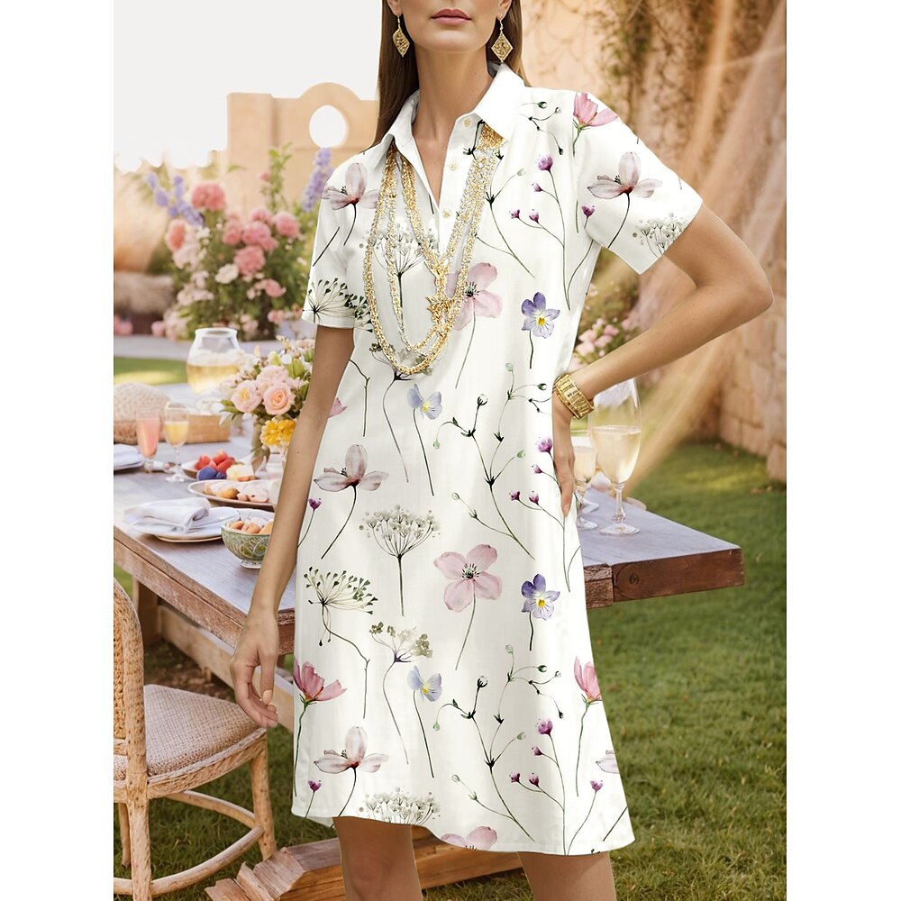 Damen Midikleid A Linie Kleid Urlaub Lässig Täglich Date Normale Passform Blumen Grafik Blatt Kurzarm Hemdkragen Weiß Sommer Lightinthebox