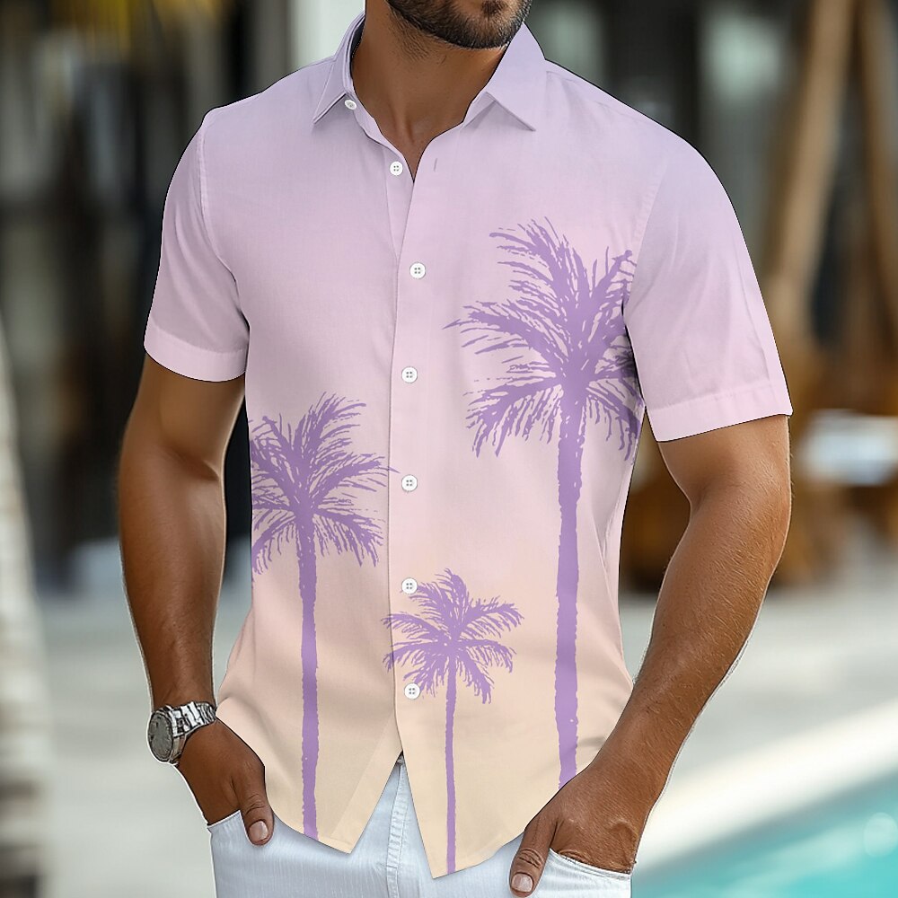 Herren Kokospalme Tropische Pflanzen Hemd Sommer Hawaiihemd Knopfhemd Kurzarm Hawaiianisch Urlaub Ferien Strandbekleidung Sommer Frühling Umlegekragen 3D-Druck Hemden mit Kragen Hellgrün Violett Lightinthebox