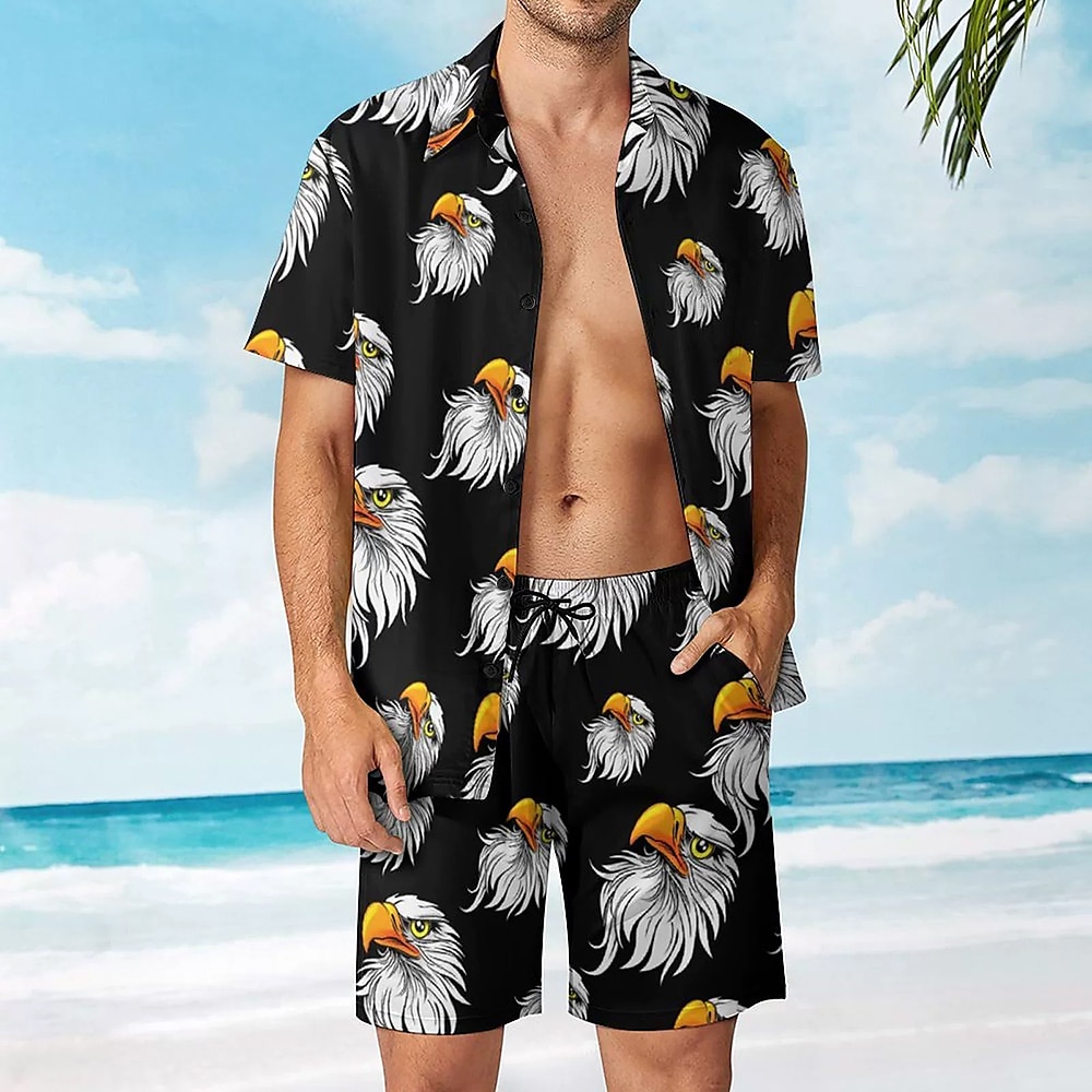 Herren Adler 2St Sommertops Kurzarm Kurze Hosen Hemden-Sets Umlegekragen Resort Casual Täglich Urlaubskleidung 3D-Druck Schwarz Lightinthebox