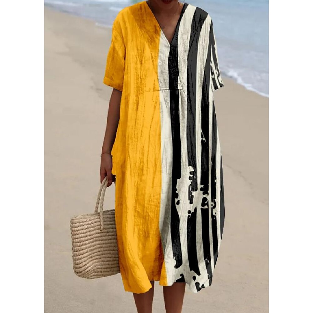 Damen Midikleid Sommerkleid A-Linien-Kleid Urlaub Casual Strand Leinen wie Ausgehen Loose Fit Grafik Geometrisch Kurzarm V-Ausschnitt Hellgelb Dunkelgelb Gelb Sommer Lightinthebox