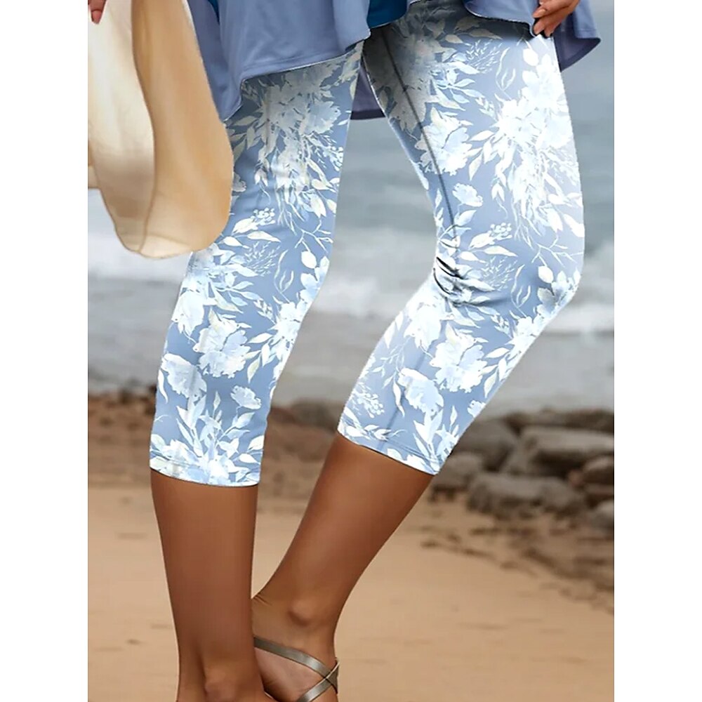 Damen Leggings Urlaub Hawaiianisch Wadenlang Mittlere Taille Blumen Grafik Drucken Atmungsaktiv Weich Mikroelastisch Urlaub Lässig Ferien Hellblau Sommer Frühling Normale Passform Lightinthebox