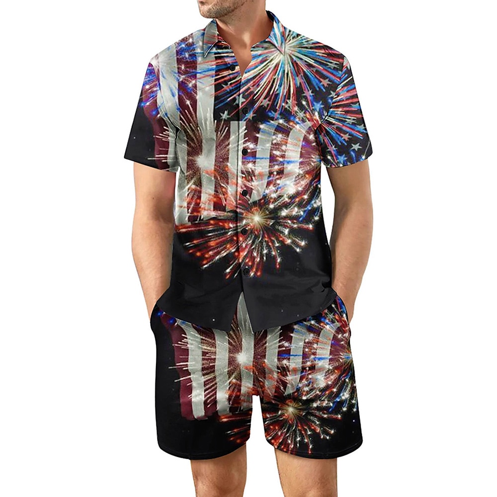 Amerikanischer Unabhängigkeitstag Herren Amerikanische US-Flagge 2St Sommertops Kurzarm Kurze Hosen Hemden-Sets Umlegekragen Sport und Freizeit Casual Outdoor Casual Täglich 3D-Druck Rubinrot Lightinthebox