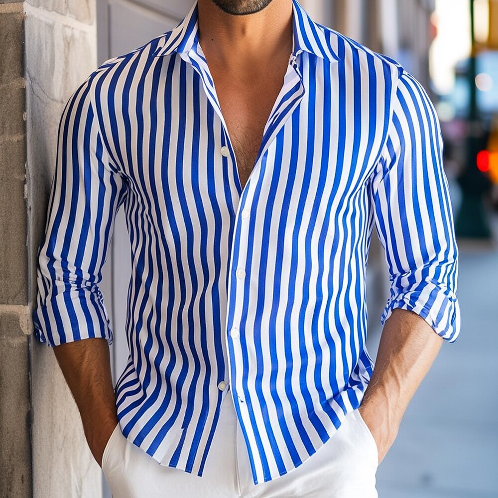 Herren Hemd Sommerhemd Freizeithemd Strandhemd Knopfhemd Blau Langarm Einfarbig Gestreift Revers Urlaub Lässig Bekleidung Mode Lässig Bequem Lightinthebox