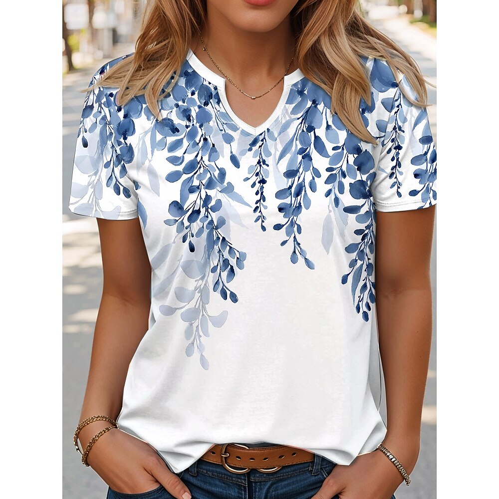 Damen T Shirt Blumen Grafik Stilvoll Lässig Kurzarm Einkerbiger Ausschnitt Normale Oberteile Täglich Wochenende Druck Blau Purpur Grün Sommer Frühling Lightinthebox