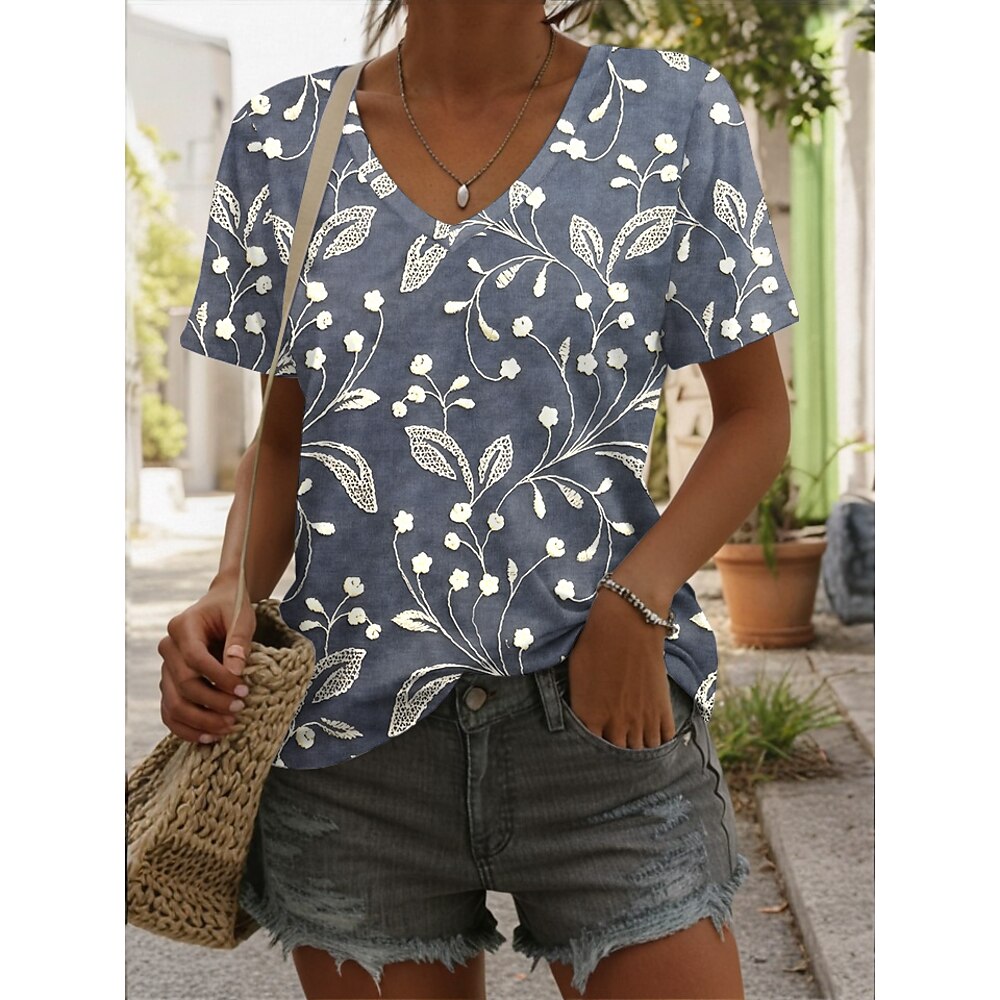 Damen T Shirt Ombre Blumen Grafik Lässig Kurzarm V Ausschnitt Normale Oberteile Täglich Druck Gelb Rote Blau Sommer Frühling Lightinthebox