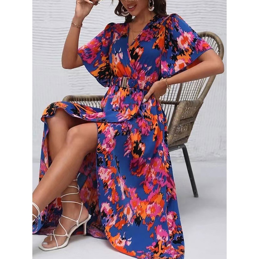 Damen Midikleid Corsagenkleider A Linie Kleid Figurbetontes Kleid Urlaub Ausgestellter Ärmel Urlaub Täglich Strand Regular Fit Graphic Kurzarm V Ausschnitt Blau Grün Sommer Lightinthebox