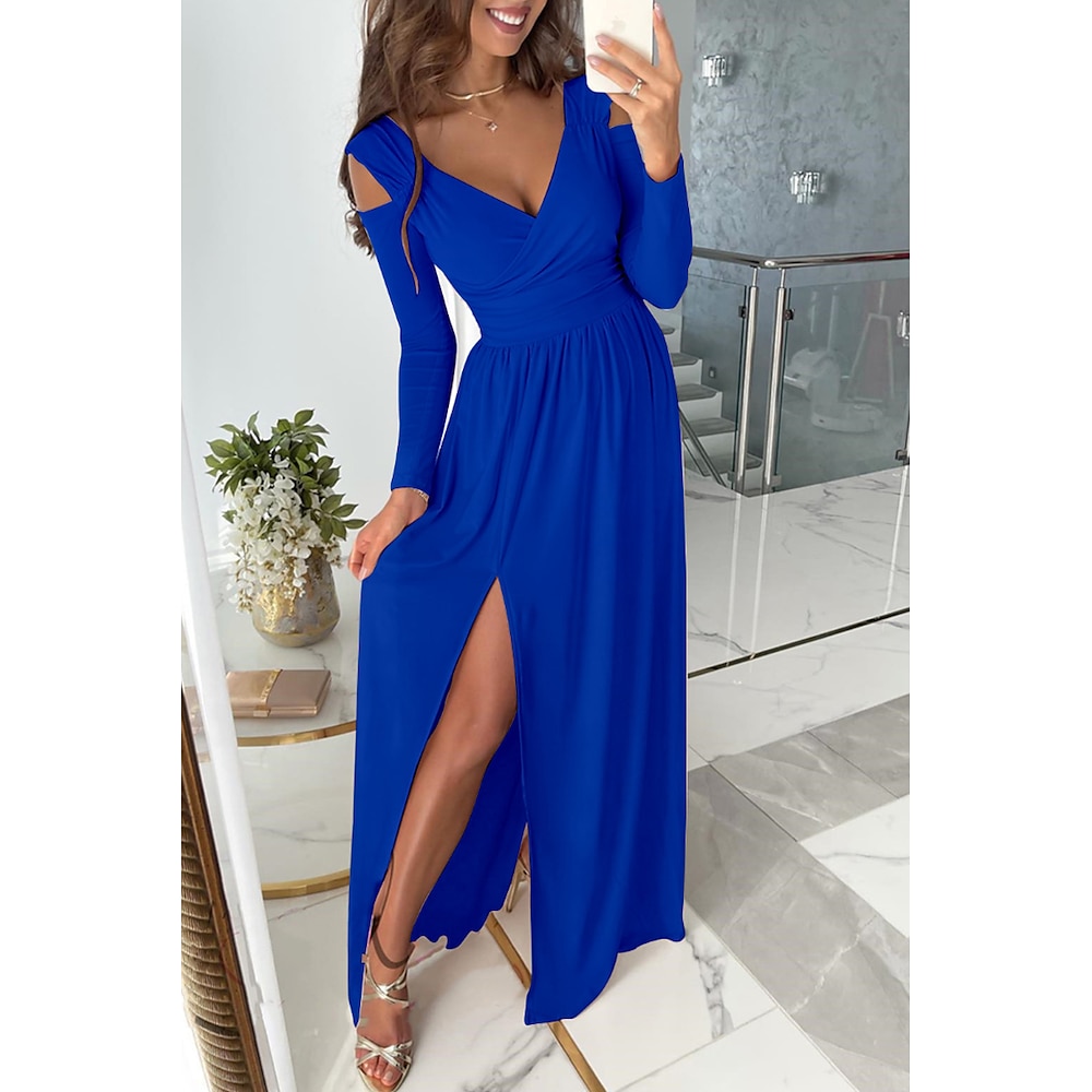 Damen kleid lang Ballkleid abendkleider Elegant Modisch Party Besondere Anlässe Regular Fit Glatt Langarm V Ausschnitt Schwarz Rote Blau Grün Sommer Lightinthebox