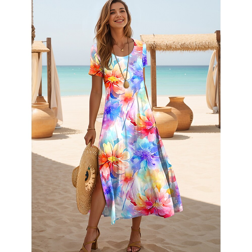 Damen Midikleid Sommerkleid A Linie Kleid Urlaub Lässig Boho Schmetterling Urlaub Strand Normale Passform Grafik Geometrisch Paisley-Muster Kurzarm Rundhalsausschnitt Regenbogen Sommer Lightinthebox