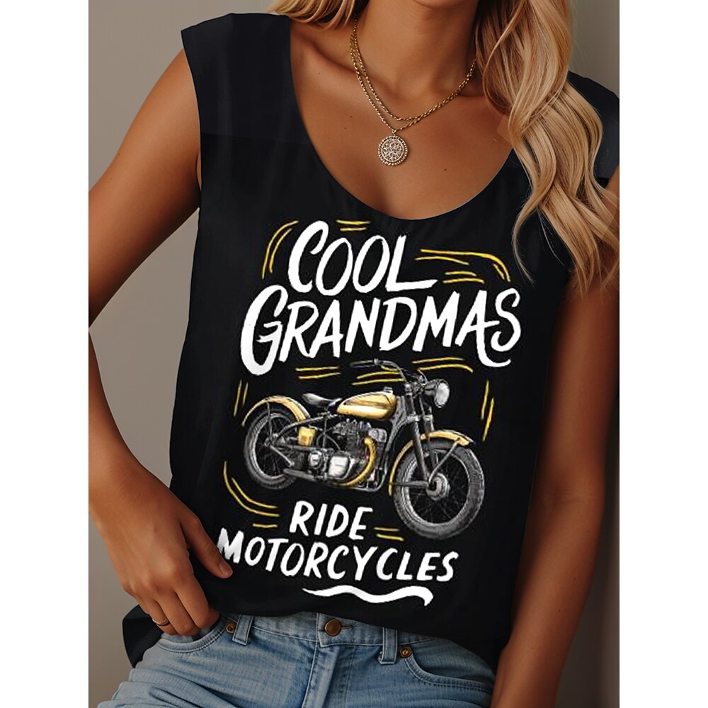 Damen Camisole-Tanktop Grafik Buchstabe Lässig Ärmellos Rundhalsausschnitt Normale Oberteile Täglich Druck Schwarz Sommer Grandmas Motorcycle Lightinthebox