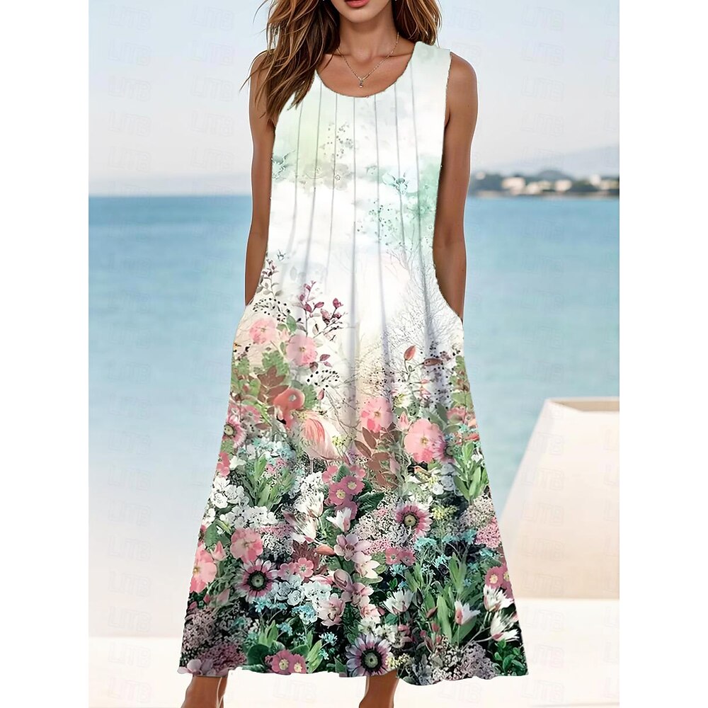 Damen Midikleid Trägerkleid Sommerkleid Faltenkleid Elegant Urlaub Boho Urlaub Täglich Strand Normale Passform Ombre Blumen Grafik Ärmellos Rundhalsausschnitt Hellgrün Sommer Frühling Lightinthebox