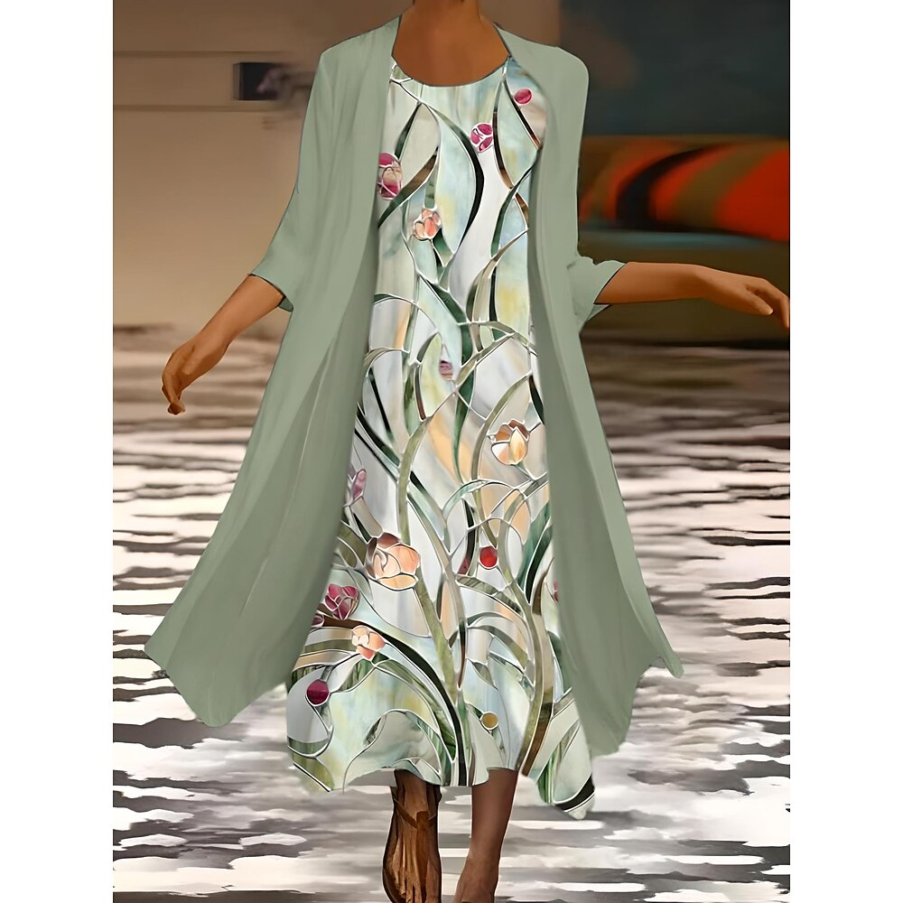 Damen Kleid-Set Sommerkleid Urlaub Lässig Ombre Blumen Druck Maxikleid Dreiviertelarm Rundhalsausschnitt Hochzeitsgast Geburtstag Grün Grau Sommer Frühling Normale Passform Lightinthebox