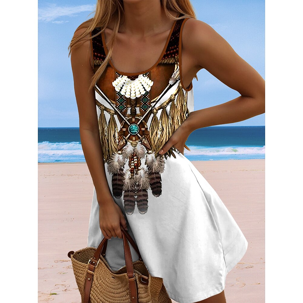 Damen Minikleid Sommerkleid A Linie Kleid Schulterfreies Kleid Urlaub Lässig Boho Party Ausgehen Standard Passform Grafik Stammes Ärmellos U-Ausschnitt Blau Khaki Sommer Lightinthebox