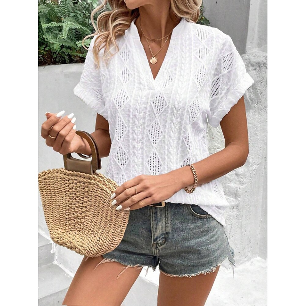 Damen Hemd Bluse Einfarbig Elegant Lässig Kurzarm V Ausschnitt Normale Oberteile Täglich Ferien Weiß Rosa Blau Grün Sommer Lightinthebox
