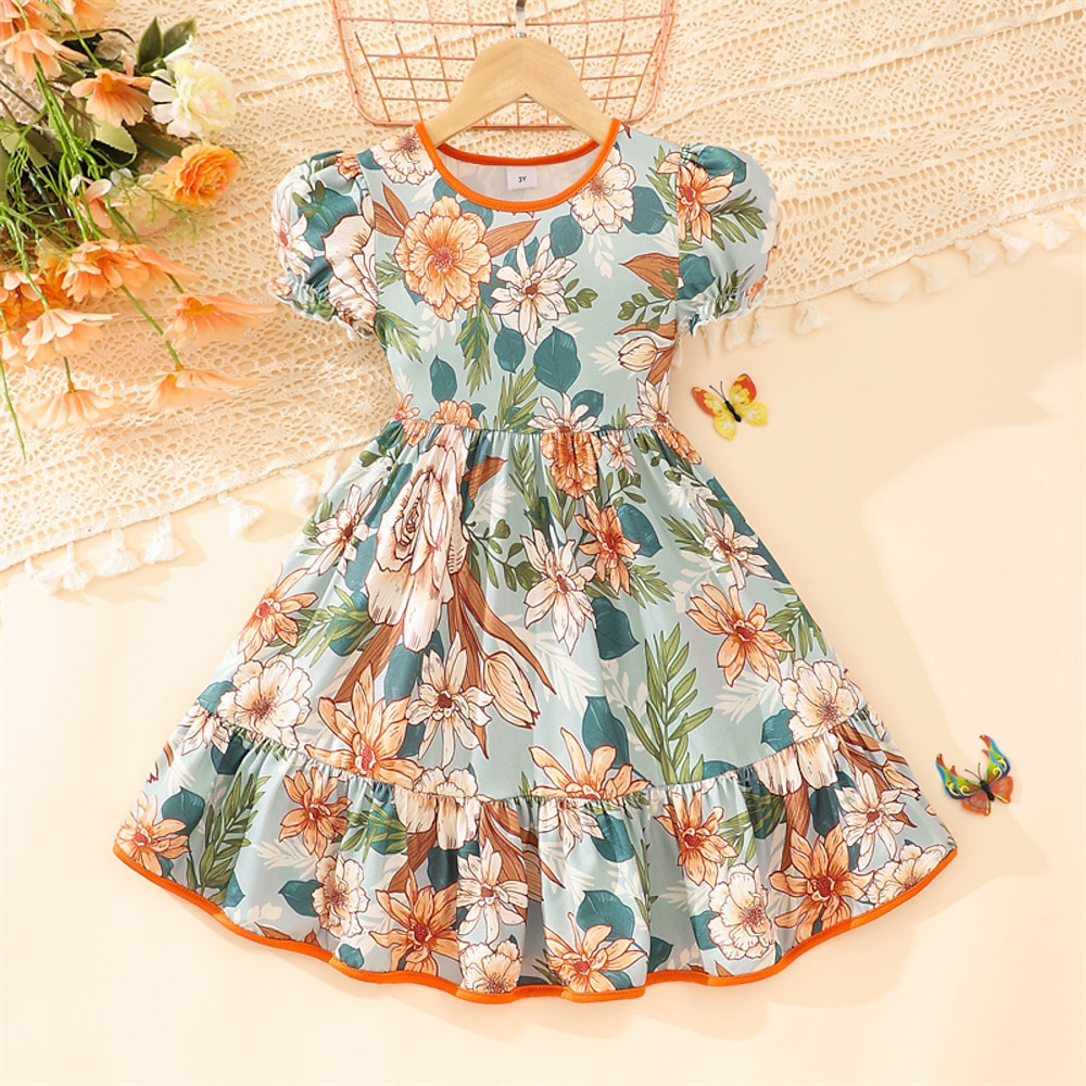 kinderkleidung Mädchen Kleid Blume Kurzarm Outdoor Casual Modisch Täglich Polyester Knielang Casual kleid A Linie Kleid Sommer 4 Jahre Rosa Orange Grün Lightinthebox