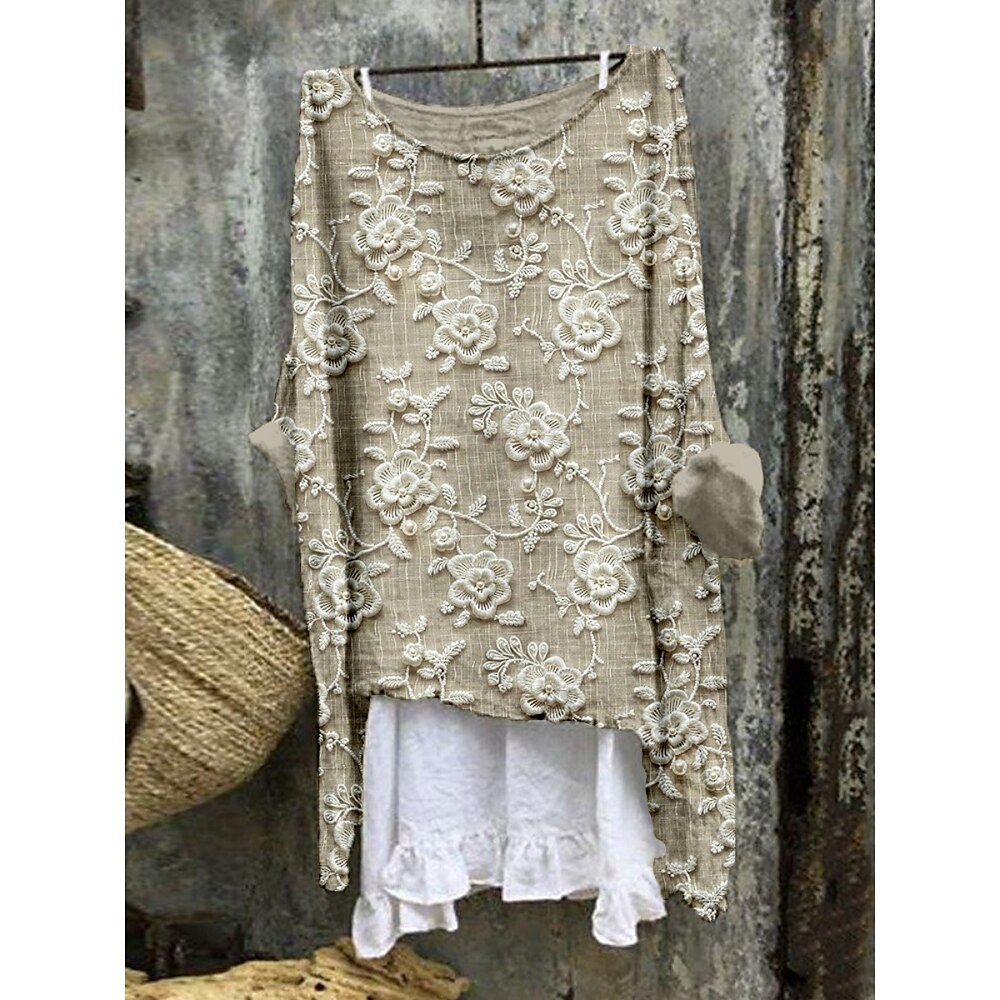 Damen T Shirt Blumen Mode Modern Lässig Langarm Rundhalsausschnitt Normale Oberteile Täglich Wochenende Rosa Purpur Khaki Sommer Lightinthebox